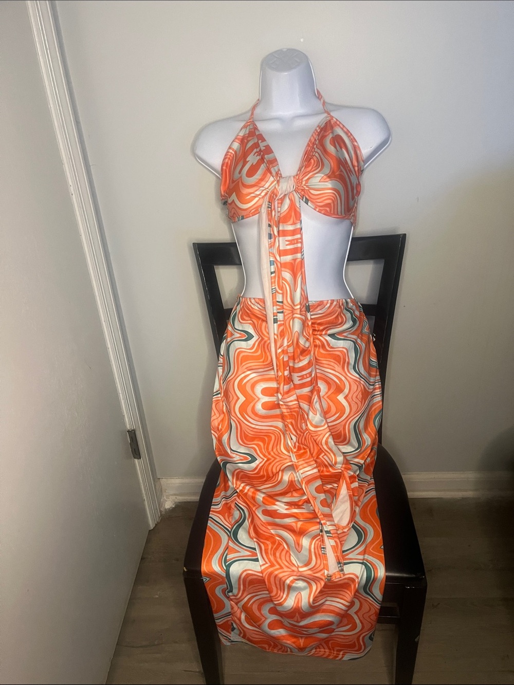 SHEIN Orange and Teal Swirl Halter Dress